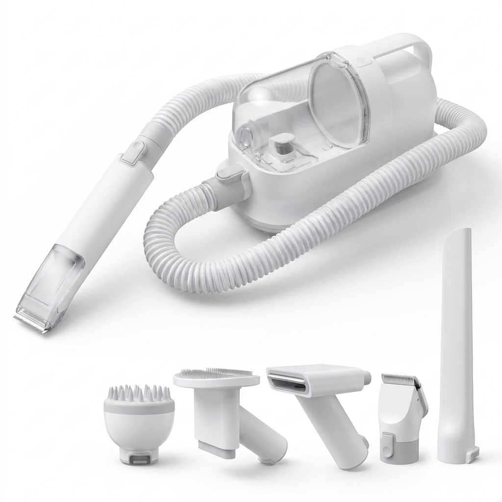 PetPouch 5-in-1 Pet Grooming Vacuum Kit — main unit, hose, and 5 attachments on white background