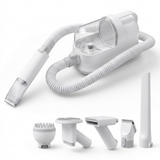 PetPouch 5-in-1 Pet Grooming Vacuum Kit — main unit, hose, and 5 attachments on white background
