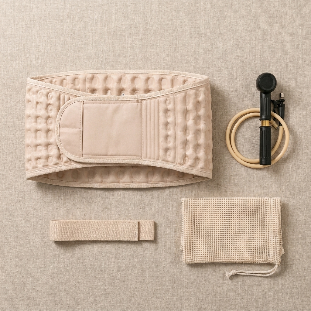 Halden Lumbar Decompression Belt — flat lay with pump, extension strap, and travel bag