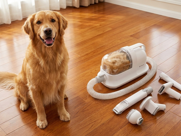 before/after — golden retriever deshedded, floor spotless
